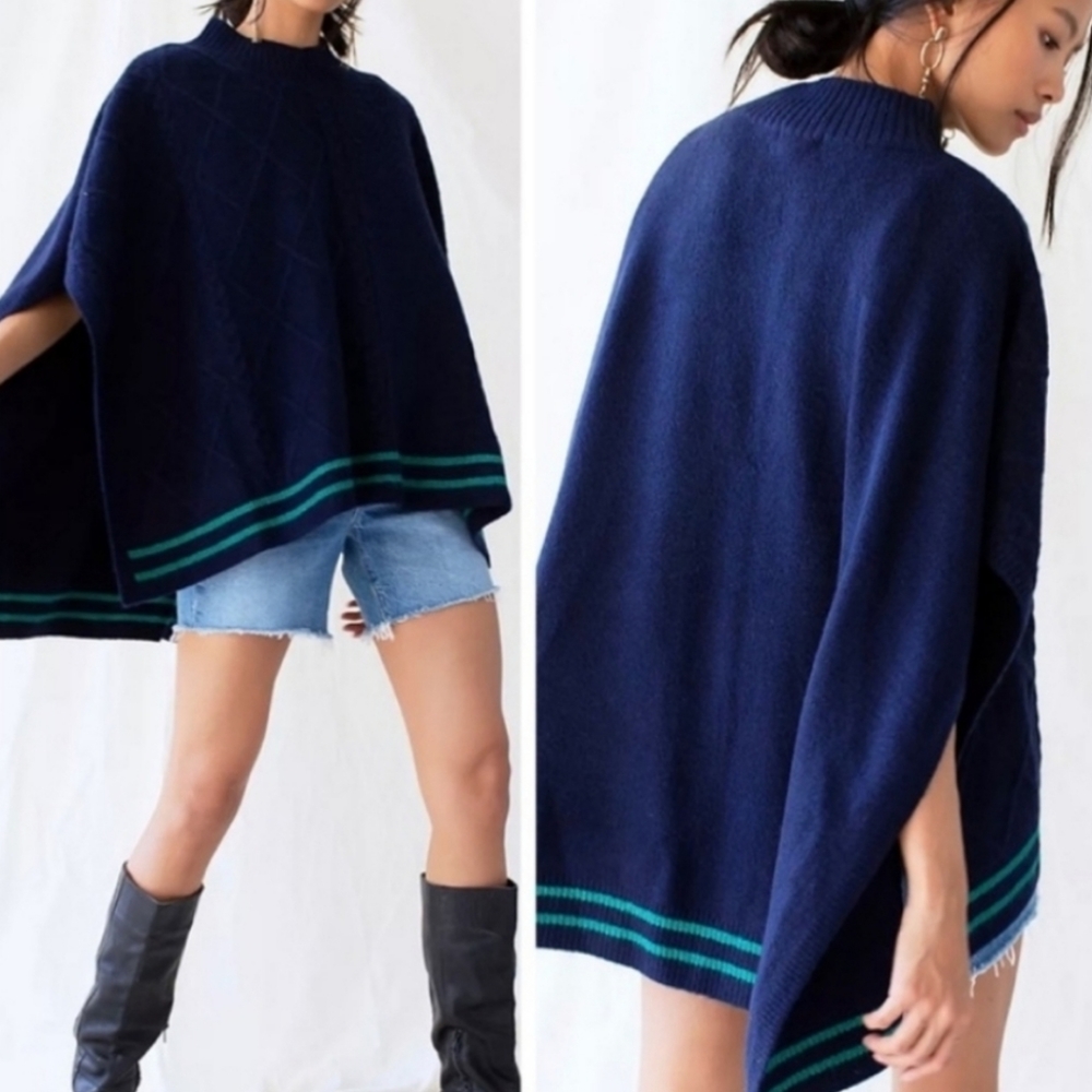 Free People Harbour Stripe Cable Knit Poncho With Contrasting Stripes